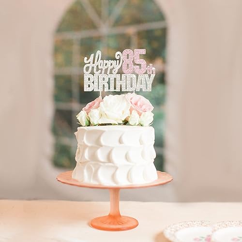 Miniatura 6 de Decoración de pastel de diamantes de imitación plateados y rosas con texto en inglés Happy 85th Birthday (Cheers to 85th Birthday (Cheers to 85th