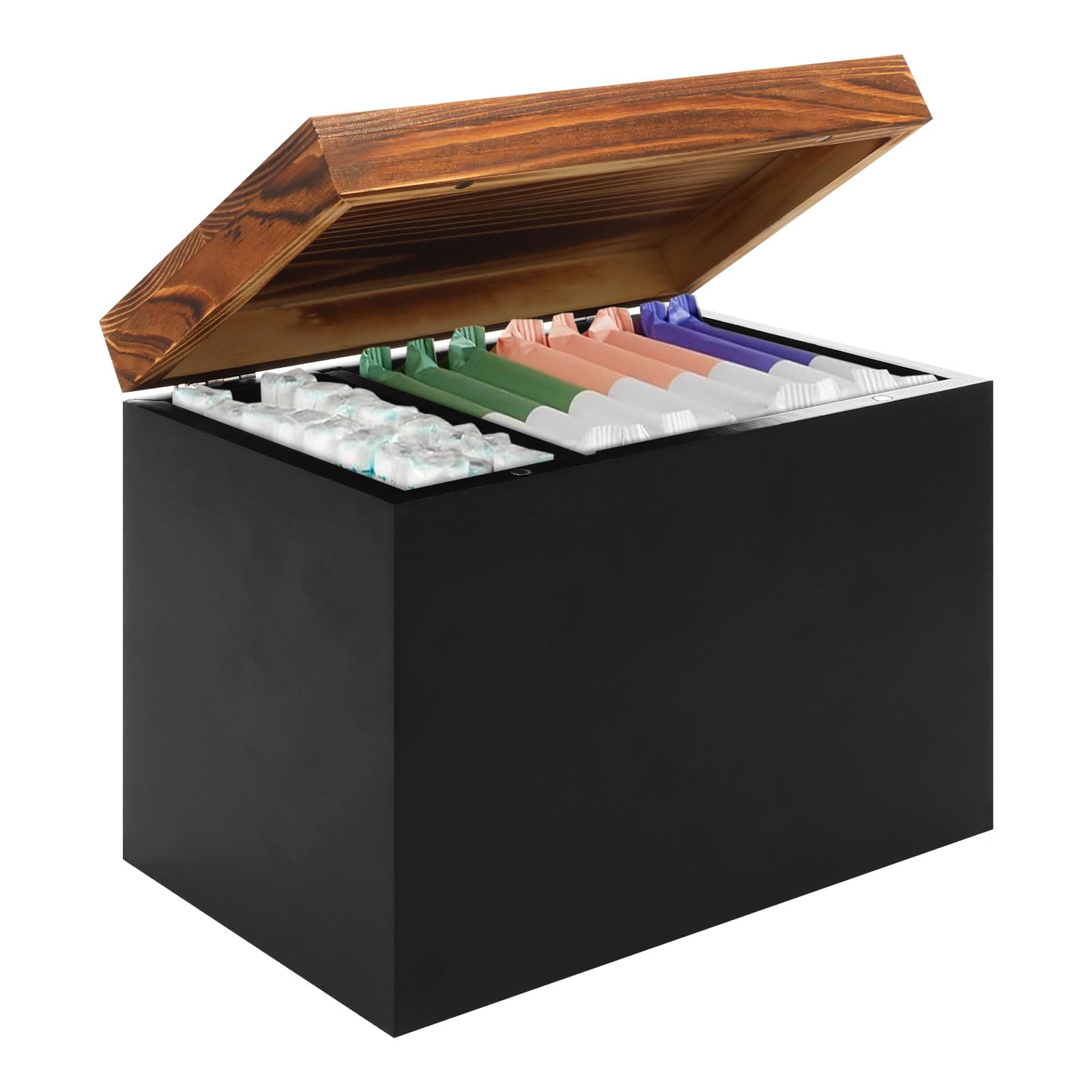 Vavpup Black Tampon Holder For Bathroom Tampon Sanitary Pad Box Feminine Product Organizer Wood Bathroom Bin With Lid And Compartments Solid Period Box Cotton Swab Holder(,1)