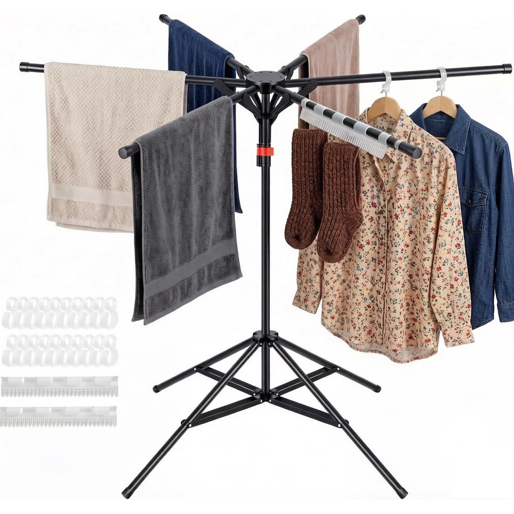 HEYOUTH Séchoir à Linge Pliable 6 Barres Extensible - Gain de Place en Acier au Carbone pour Balcon, Camping, Intérieur & Extérieur (Noir)