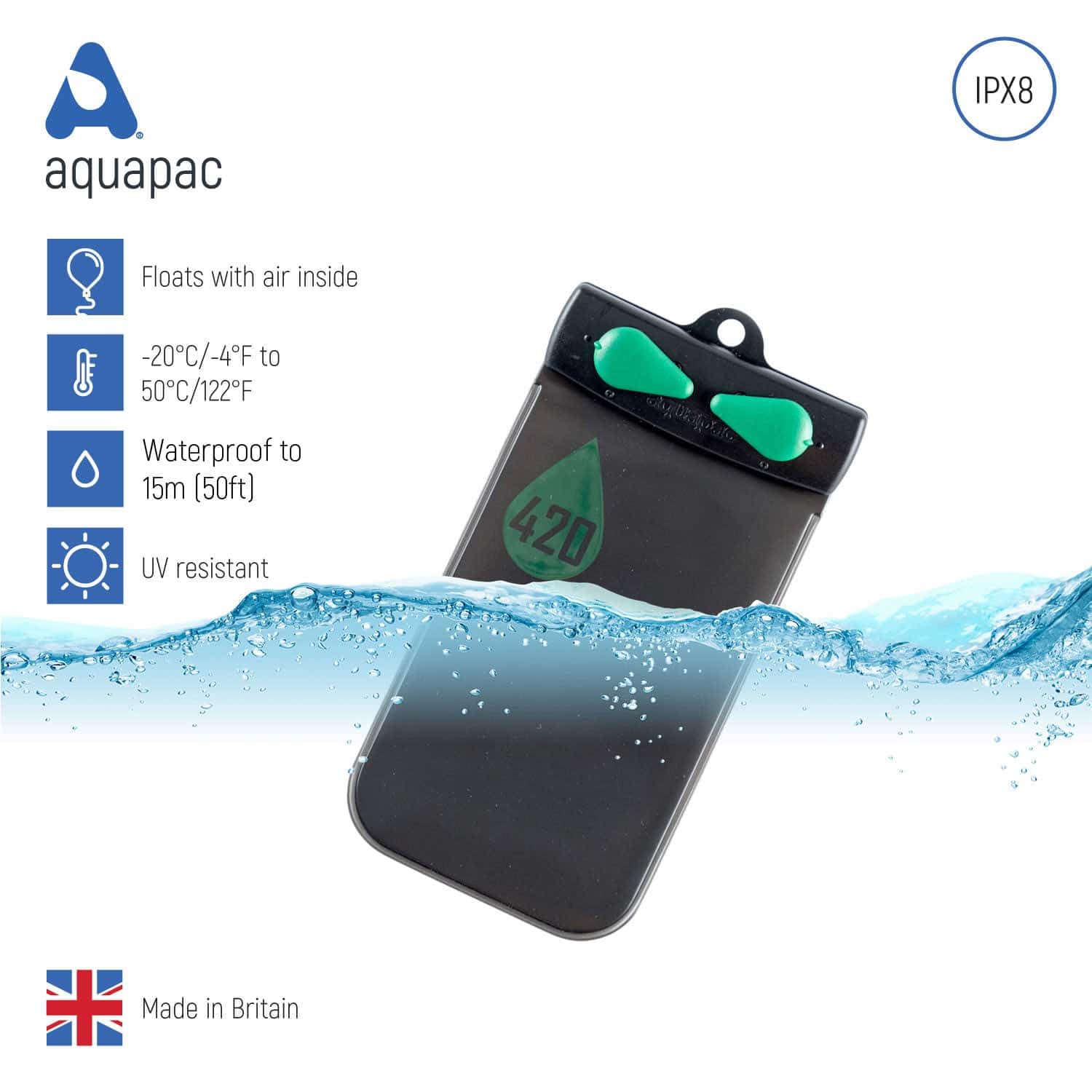 Aquapac Bolsa impermeable, fabricada en el Reino Unido, con cordón de transporte, esencial para viajes, respetuosa con el medio ambiente, deportes acuáticos, senderismo, ciclismo de montaña, accesorio