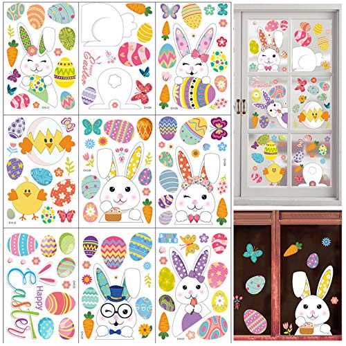 9 Pièces Autocollants Fenêtre Pâques - Décorations Lapins, Œufs Et Fleurs Réutilisables Pour Vitres