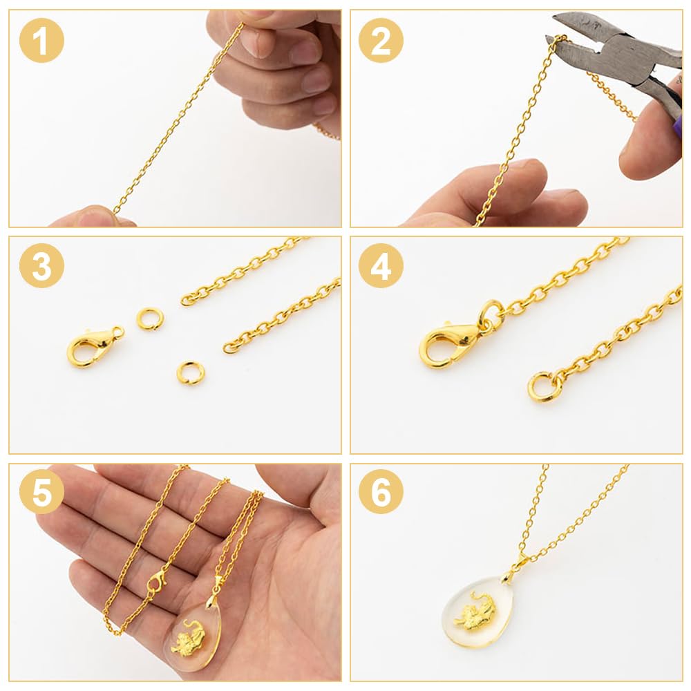 Chaîne de 10 mètres, chaîne de bijoux, chaîne en or et chaîne en argent, comprenant 120 anneaux et 60 fermoirs mousquetons, pour l'artisanat de colliers DIY, ( or argent, 5 * 2,4