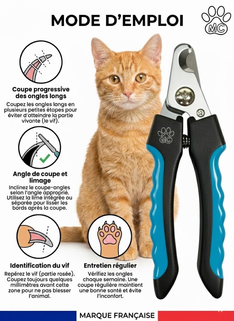 Coupe-Griffes Chien Chat Lapin Silencieux avec Lime à Ongles Incluse - Mécanisme à Ressort - Acier Inoxydable Antirouille - Marque Française Petits & Grands Animaux