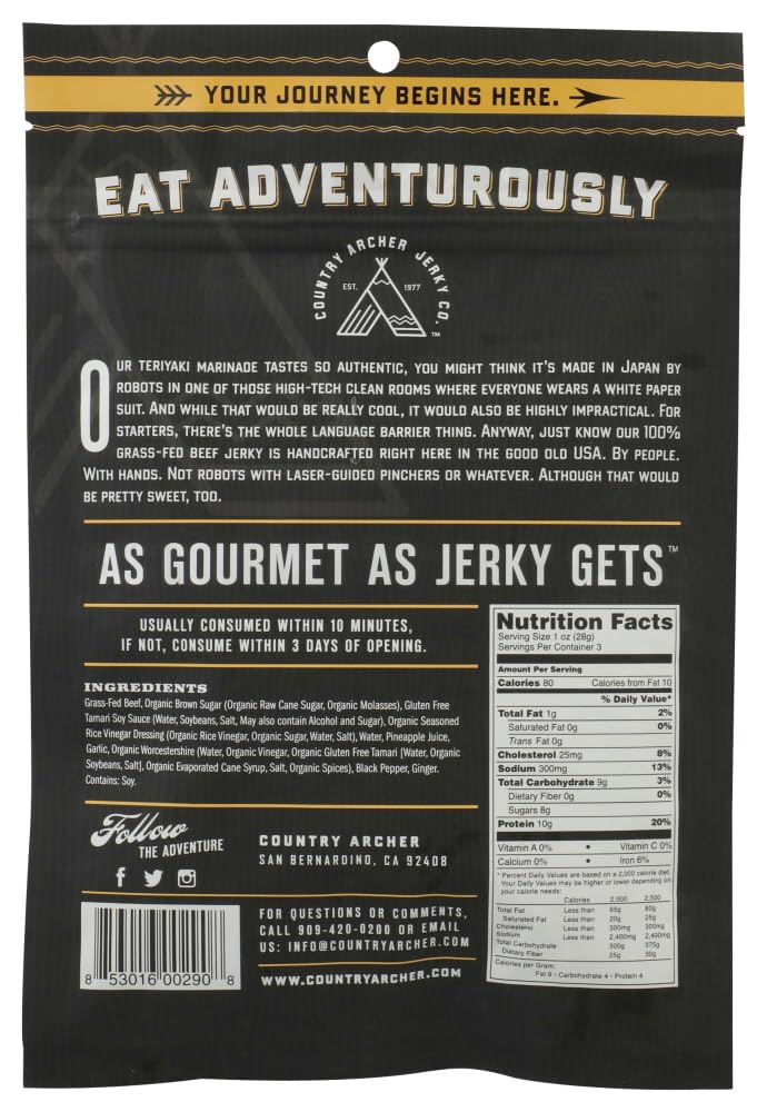 Country Archer Teriyaki Beef Jerky - 3 Ounce- Pack of 12