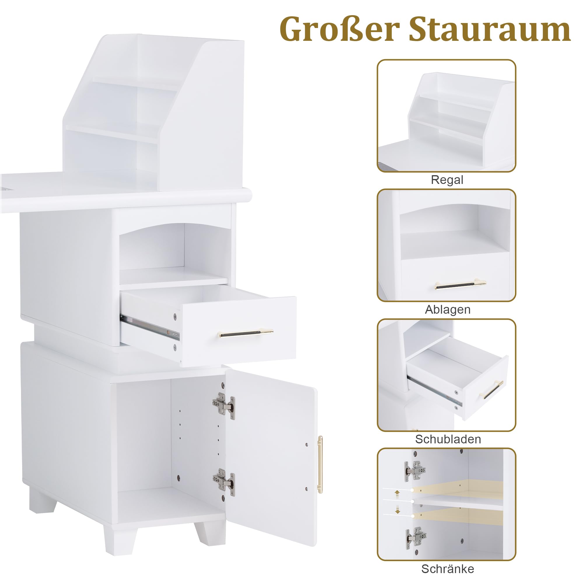 Barberpub Manikürtisch mit 2 Schubladen, Nageltisch mit Absaugung Weiß, Nagelfrisiertisch aus Holz, 4 Schrank, Regal, 2 Staubsaugerbeutel, Schreibtisch für Nagelstudio, 55x120x112,5cm, 2456