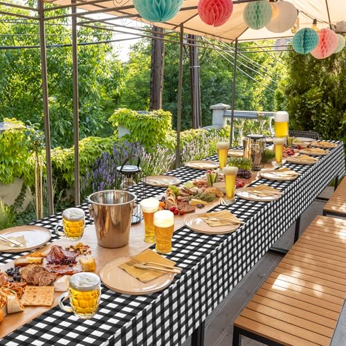Image of 12Pack Black and White Plastic Checkered Tablecloth, Premium Decorative Disposable Black Gingham Plaid Tablecloths for Parties, Rectangle Party Table Cover for Picnic Farm Birthday Wedding, 54x108Inch