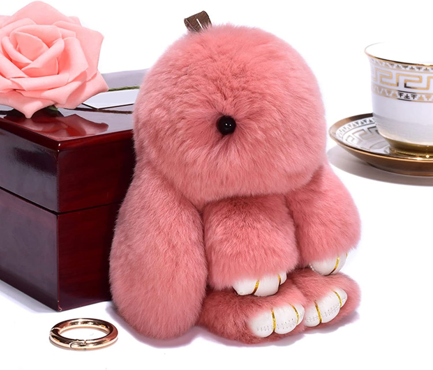 HXINFU Soft Cute Rabbit Fur Pom Pom Keychain Fluffy Real Rex Bunny Keychain Decoration - Image 3