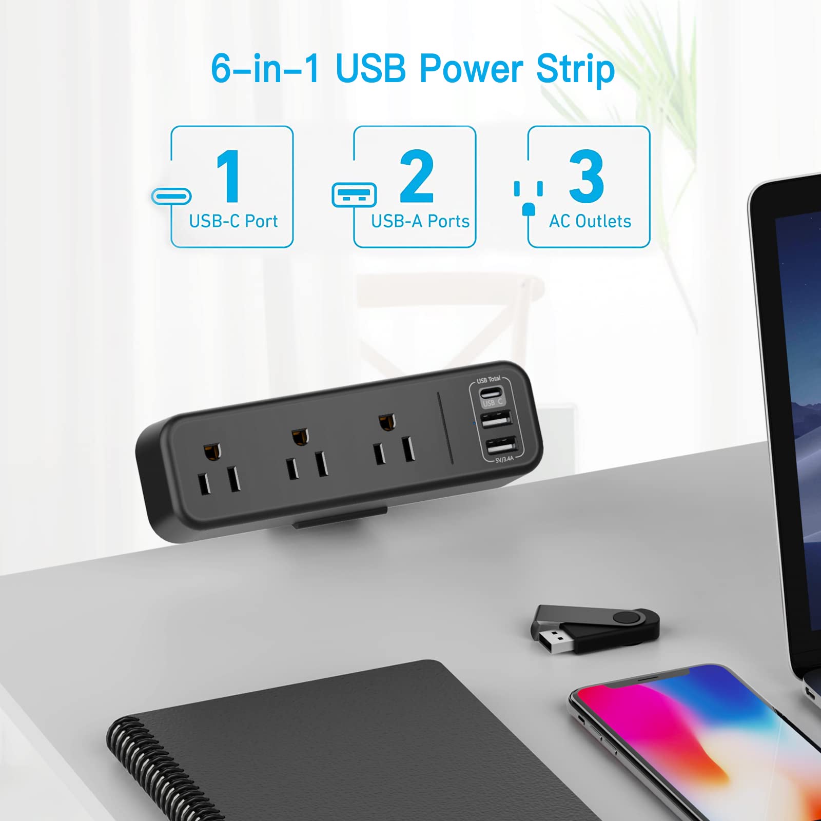 3 fach computerklemme mit usb c flachstecker schwarz computer kantenklemme netzstecker stecker verlängerungskabel dünn 6,5 fuß für 1,6 tische