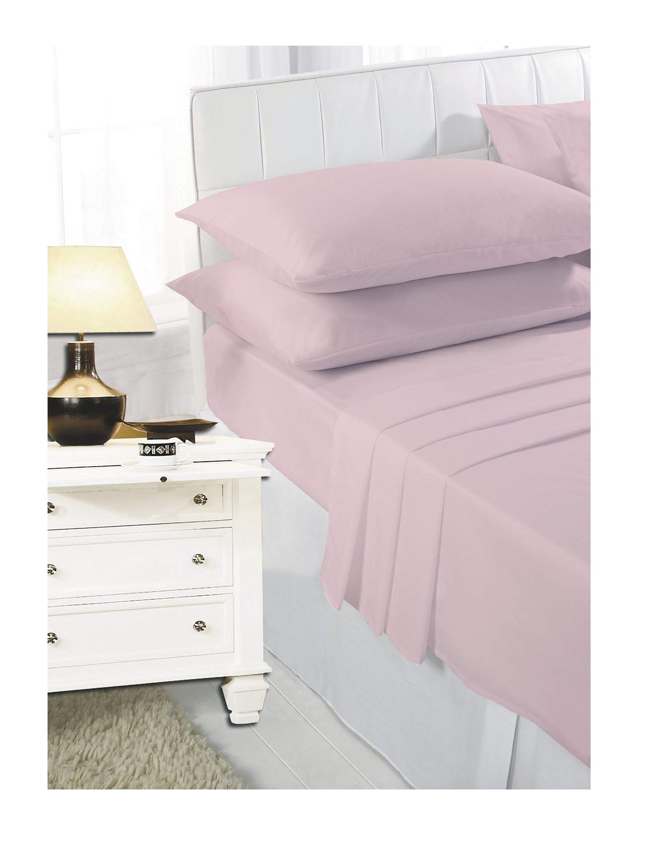 Casa D'Or NEW PLAIN DYED POLYCOTTON FITTED FLAT BED SHEET SINGLE DOUBLE KING SIZE BEDDING (Pink, Pair Of Pillowcases)