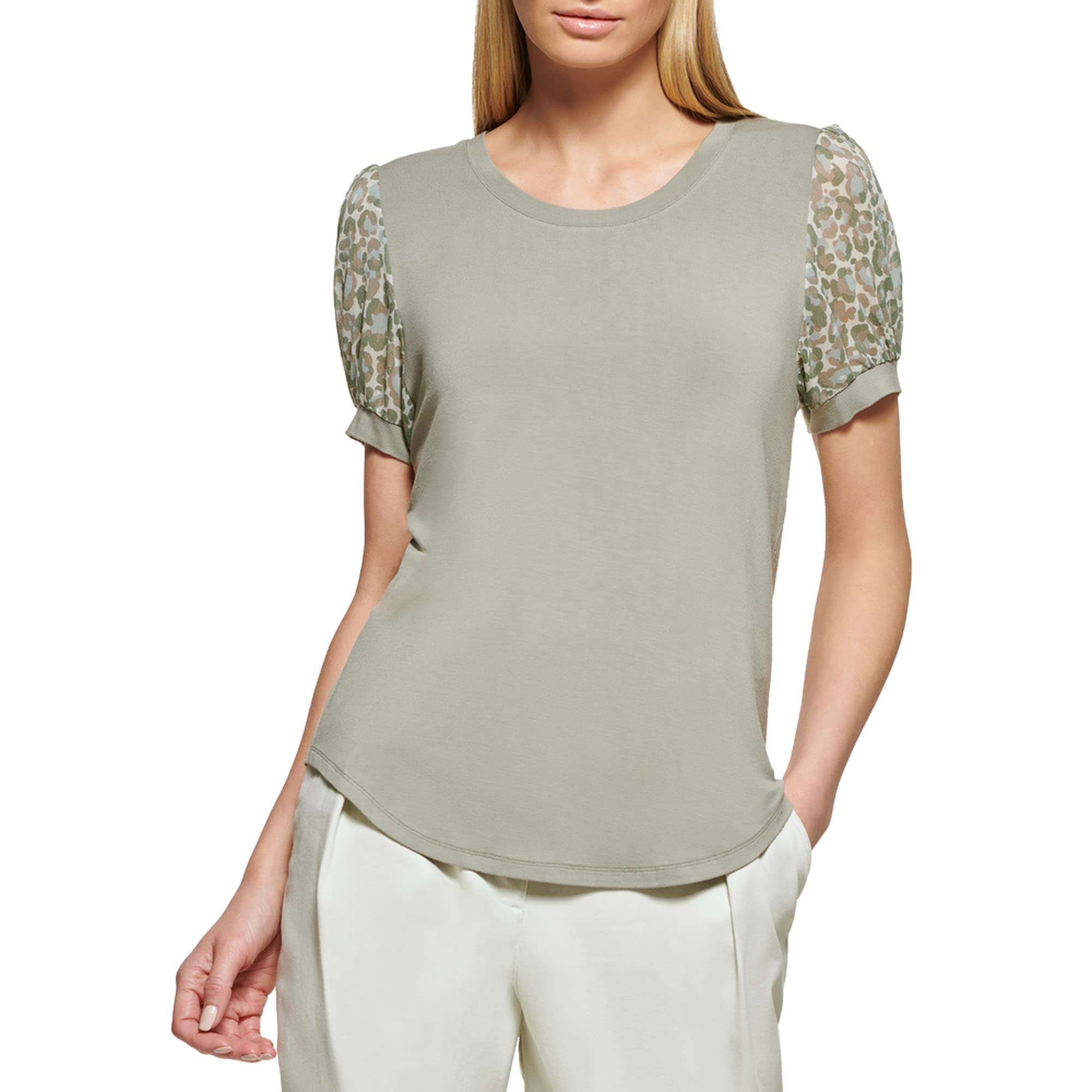 DKNYwomens Printed Puff Sleeve Mult-media Sportswear Top Shirt