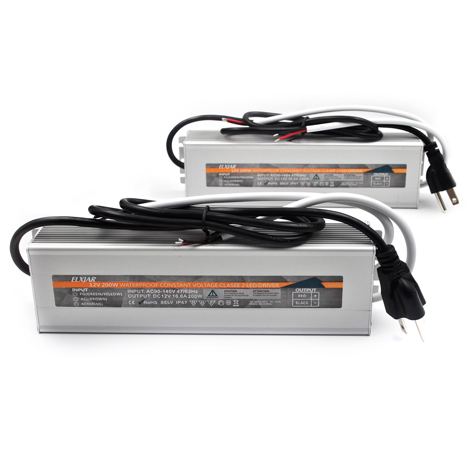 (2-Pack) 200W 12V Waterproof IP67 LED Power Supply Driver Transformer, 90-140V AC to 12V DC Low Voltage Output for Outdoor Use with Plug, Short Circuit & Overload Protection