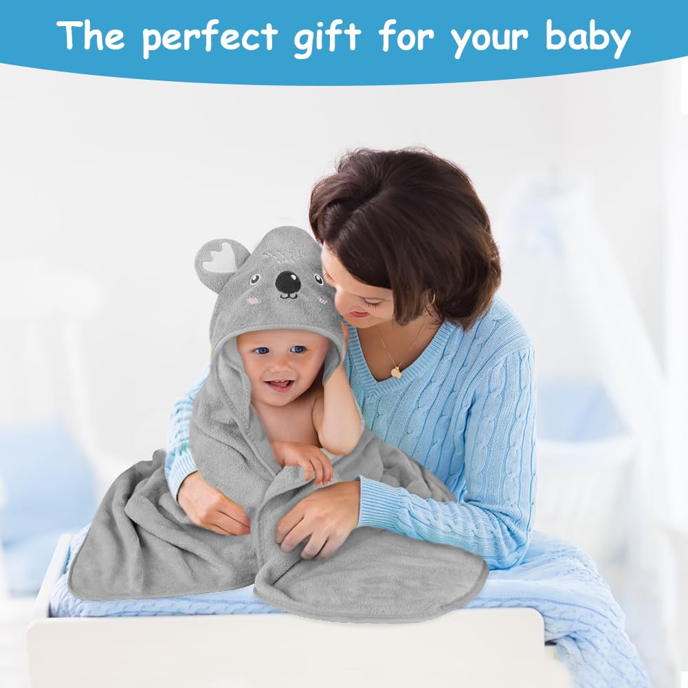 Aolso Accappatoio Neonato, 80x80cm Asciugamani Con Cappuccio Per Bambini, Accappatoio Neonato con Cappuccio Extra Morbido e Super Assorbente per Neonati e Bambini 0-3 Anni-Koala