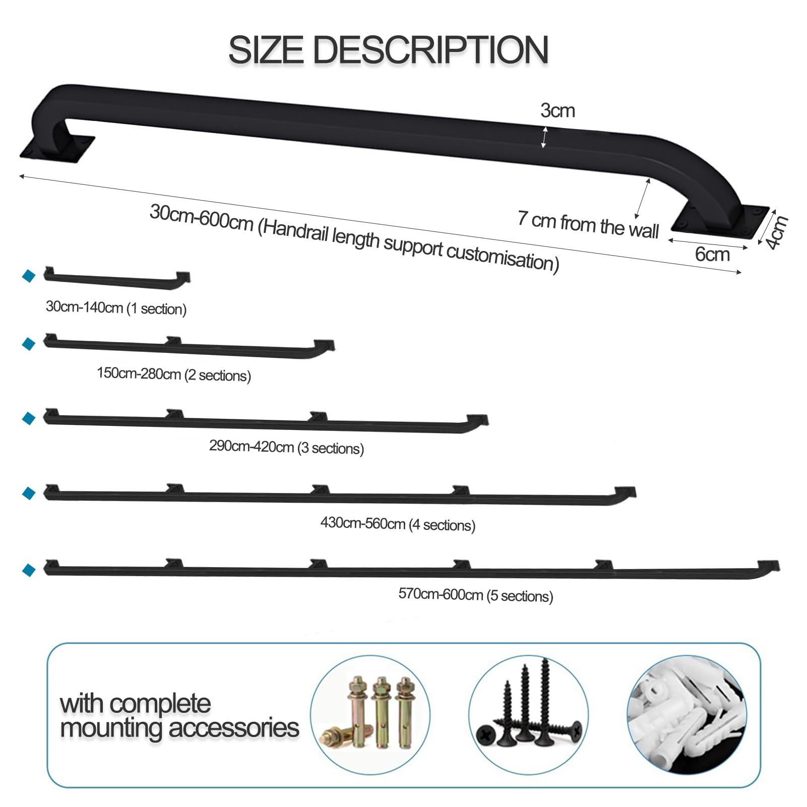 Pasamanos de tubo industrial negro para escaleras interiores y exteriores, pasamanos de escalera de tubo cuadrado, barandilla de pared, acero galvanizado negro