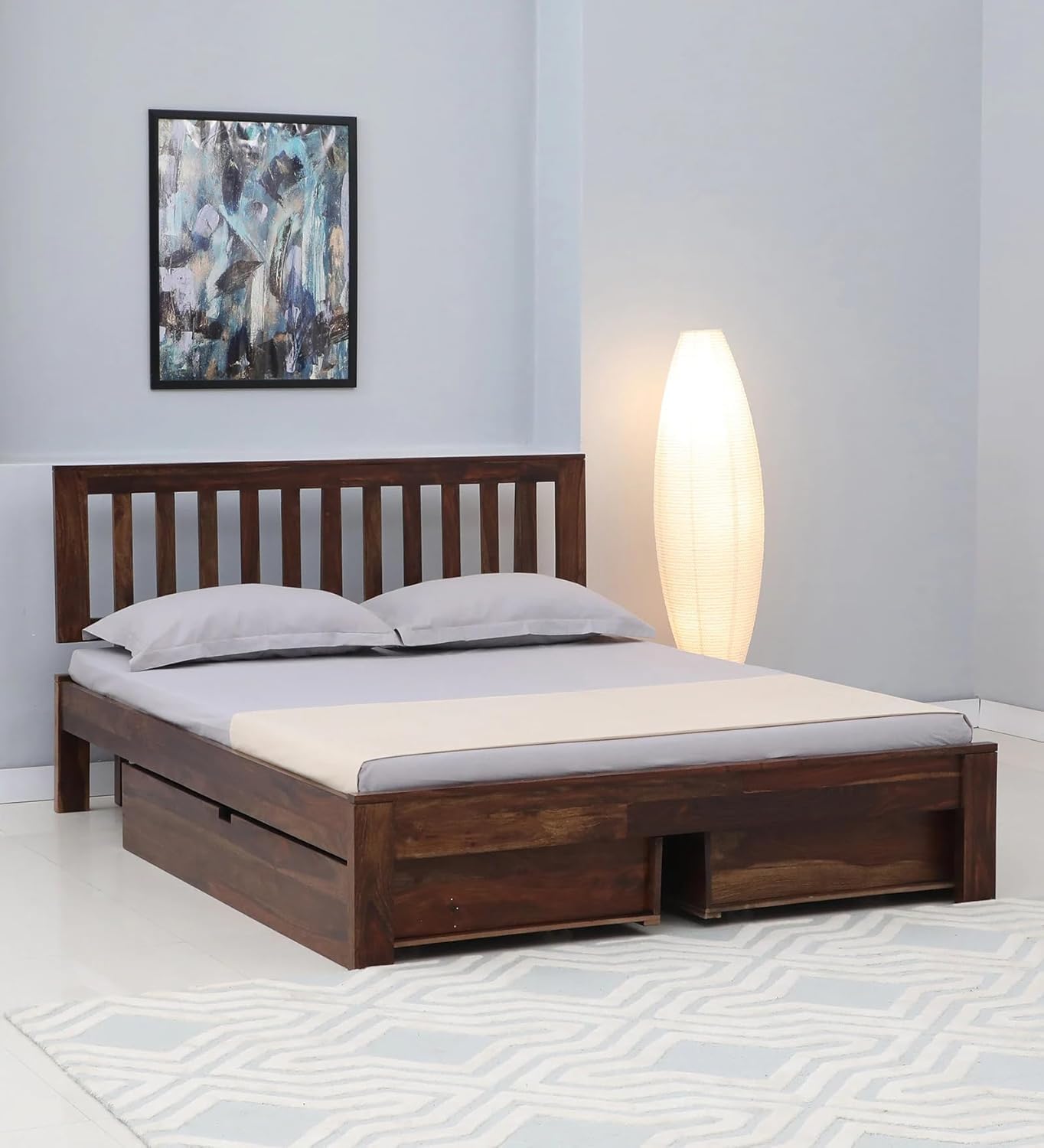 Solid Sheesham Wood Queen Size Bed with Drawer Storage Strong Wooden Bed Furniture for Bedroom Home Hotel with Provincial Teak Brown Finish Modern Platform Bed Frame and Spacious Storage Design-image-42