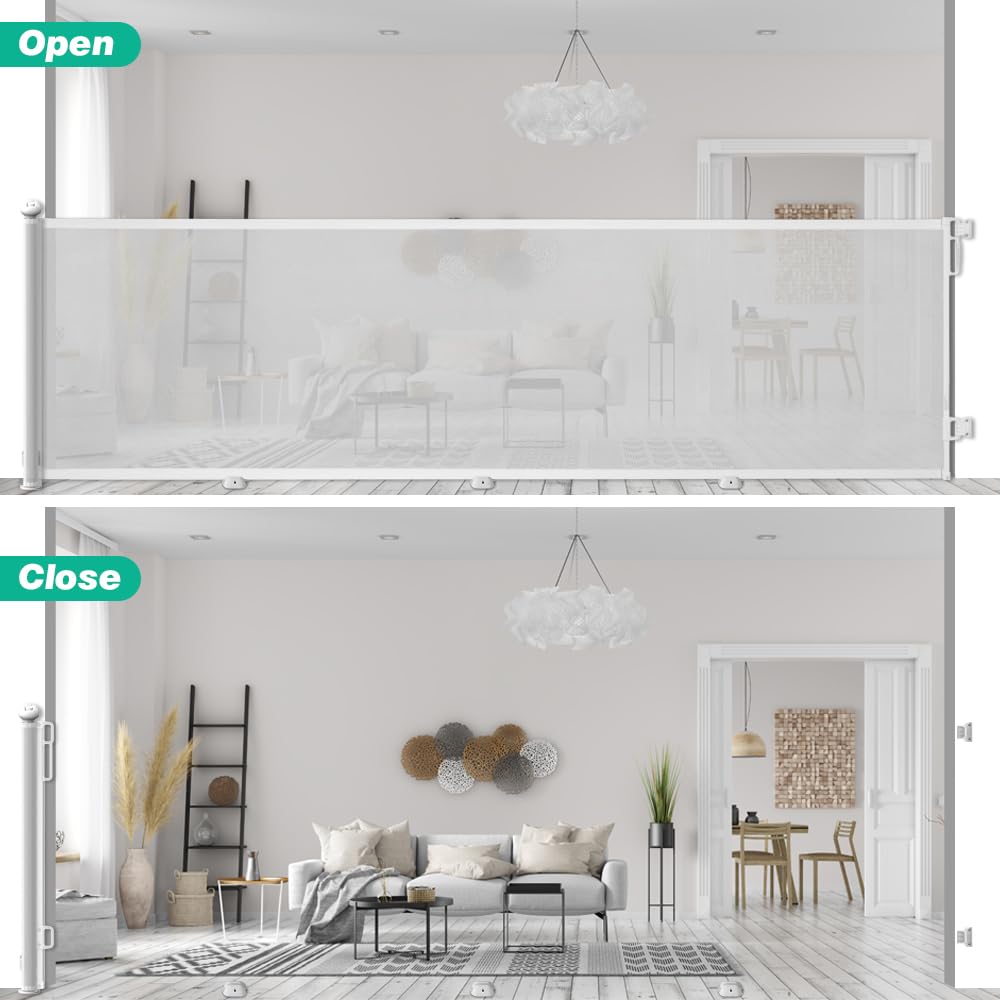 JUPIHOP Cancello retrattile per scale senza foratura e foratura, per neonati e cani, fino a 300 cm, bianco, cancello estensibile per interni, cancello di sicurezza per bambini, barriera per scale per