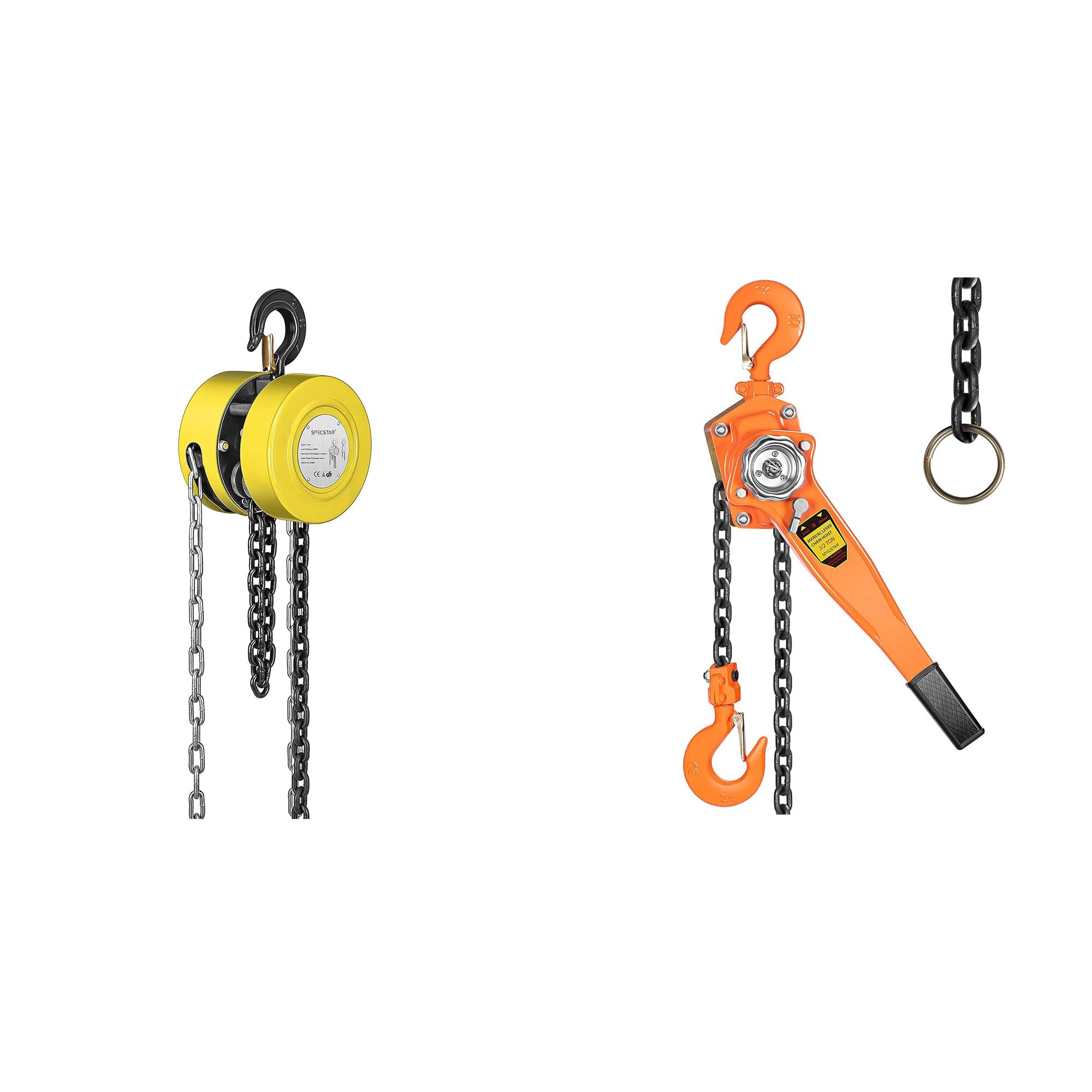 SPECSTARHand Chain Hoist 1 Ton 2200 Lbs Capacity 10 Feet with SPECSTAR Lever Chain Hoist 3/4 Ton 1650 Lbs Capacity 5 Feet