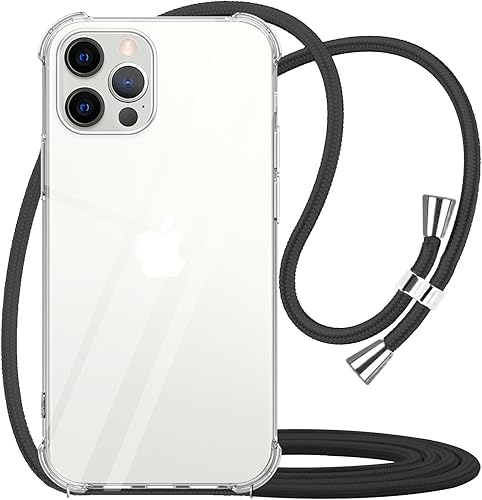 YESPURE Funda transparente para iPhone 12 Pro Max con correa ajustable para el cuello, funda cruzada 12 Pro Max, funda protectora de TPU suave
