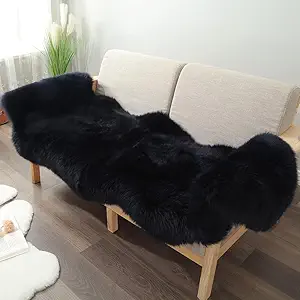 Premium Genuine Fur Sheepskin Rug Real Australia Sheepskin Natural Luxury Fluffy Lambskin Fur Area Rug Seat Covers for Kids Bedroom Sofa Chair Cover (Black, Double Pelt/2ft x 6ft)
