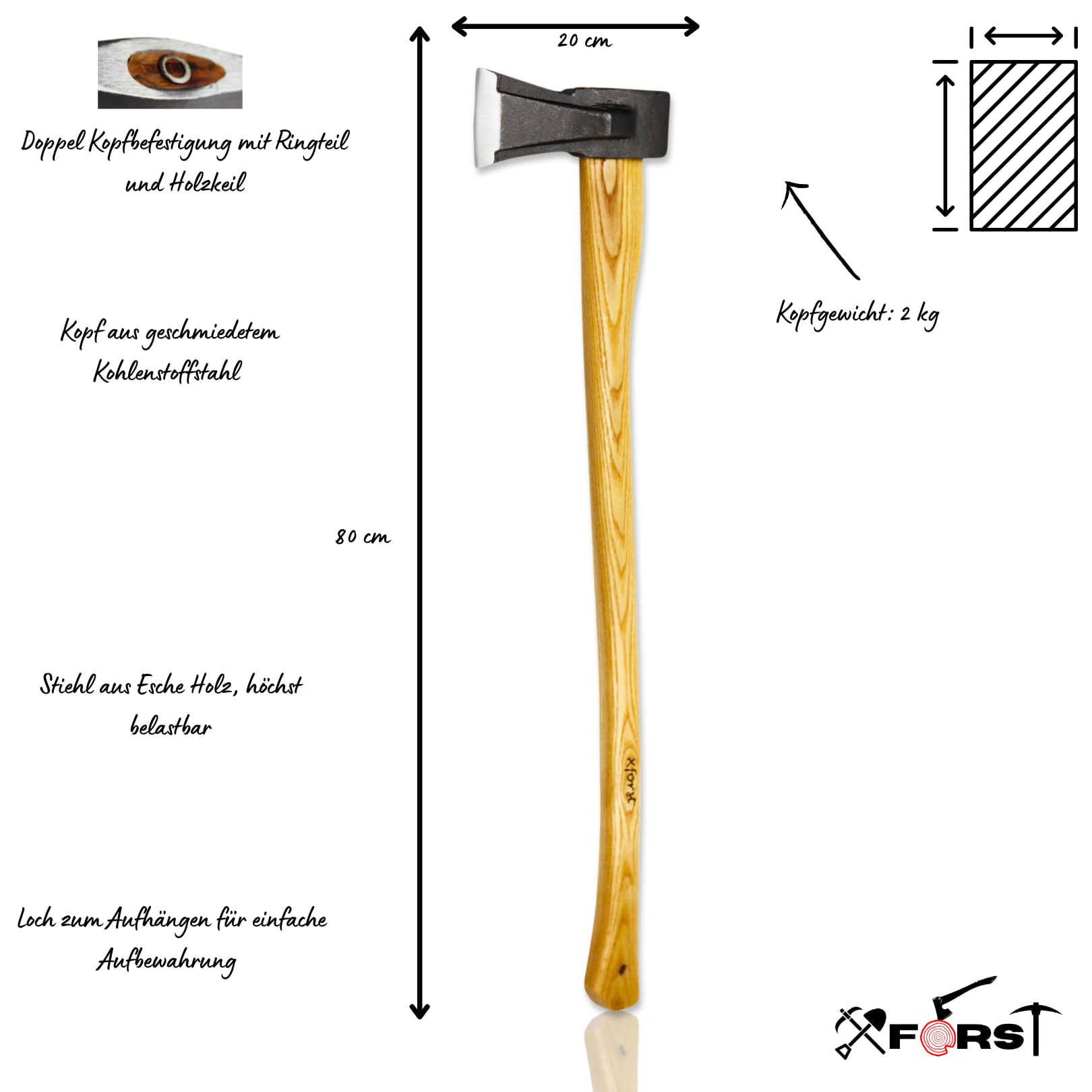Xforst Hacha de Partir SA2 – 80 cm con Mango de Fresno & Cabeza de 2 kg en Acero Forjado – 2,6 kg Total – Incluye Funda de Cuero – Hacha para Troncos y Leña