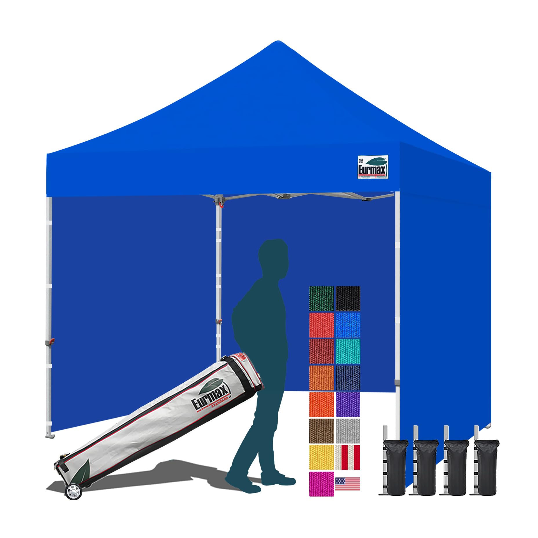 Eurmax USA 10x10 Pop Up Canopy Tent,Commercial Tent with Patented No-Tip Rolling Bag,4 Zippered Removable Walls,UV &amp; Water Resistant Canopy Top,Heavy Duty Outdoor Gazebo,Instant Shelter(Blue)