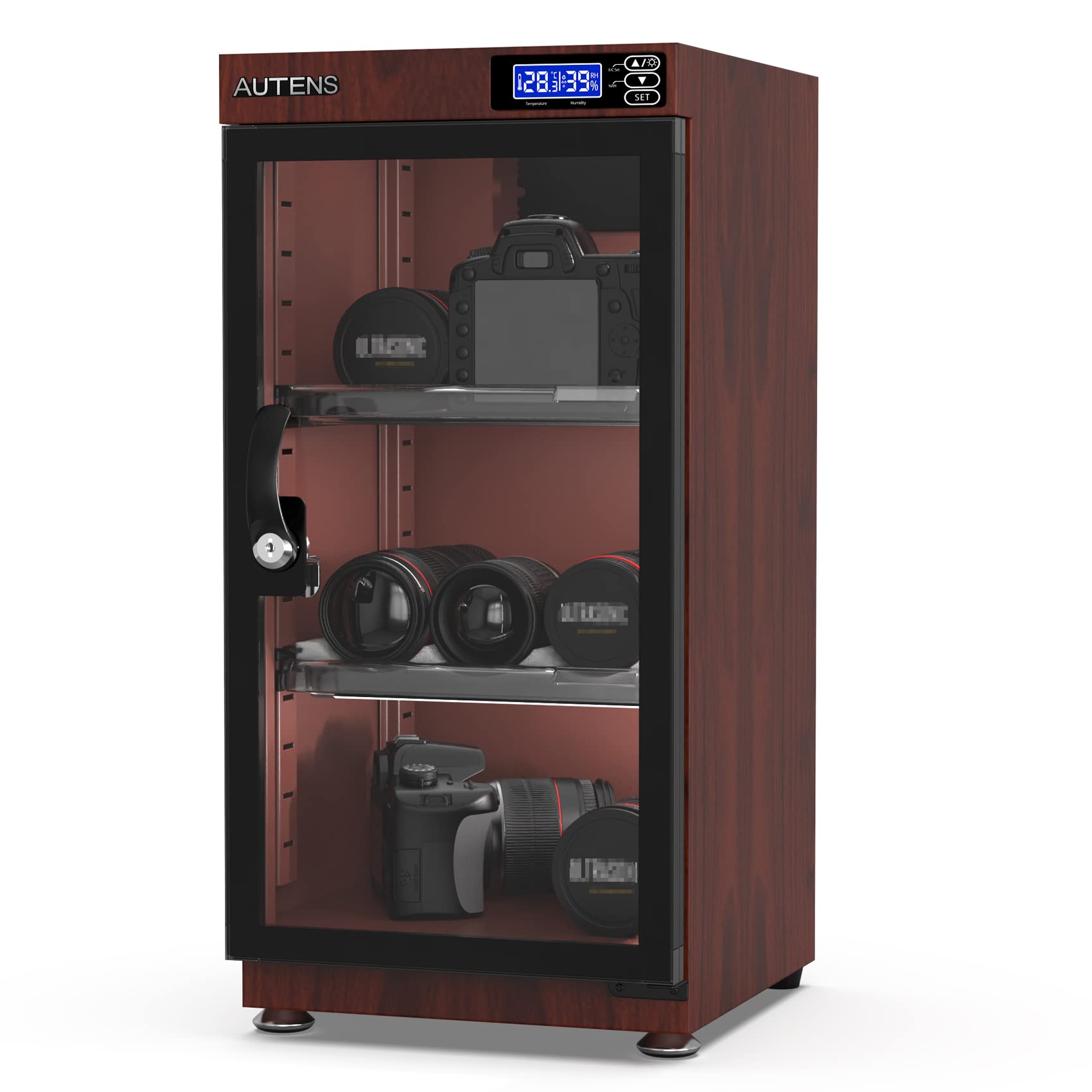 AUTENS 50L Dehumidifying Dry Cabinet Box, Wood grain Design Digital Control Noiseless and Energy Saving, for Camera Lens and Electronic Equipment Storage,Temperature Humidity LED Dual Screen