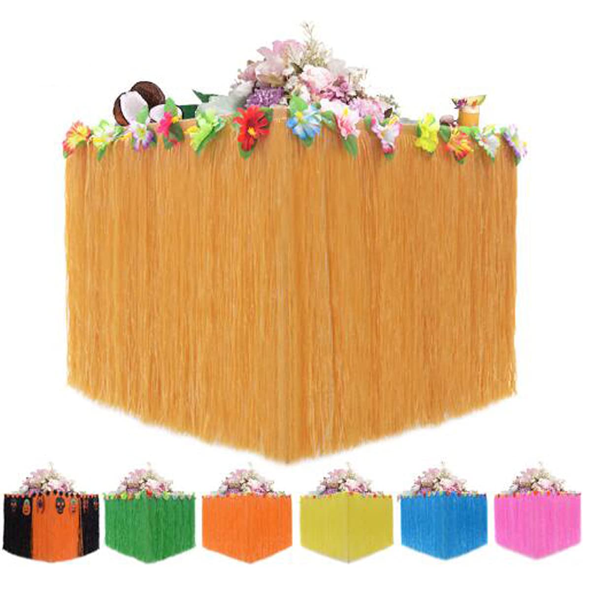 Ewanda store Hawaiian Grass Table Skirt,9 ft Hawaiian Island Party Decorations Luau Table Skirt with Hibiscus Flowers for Tropical Island Theme Party Decoration,Pink