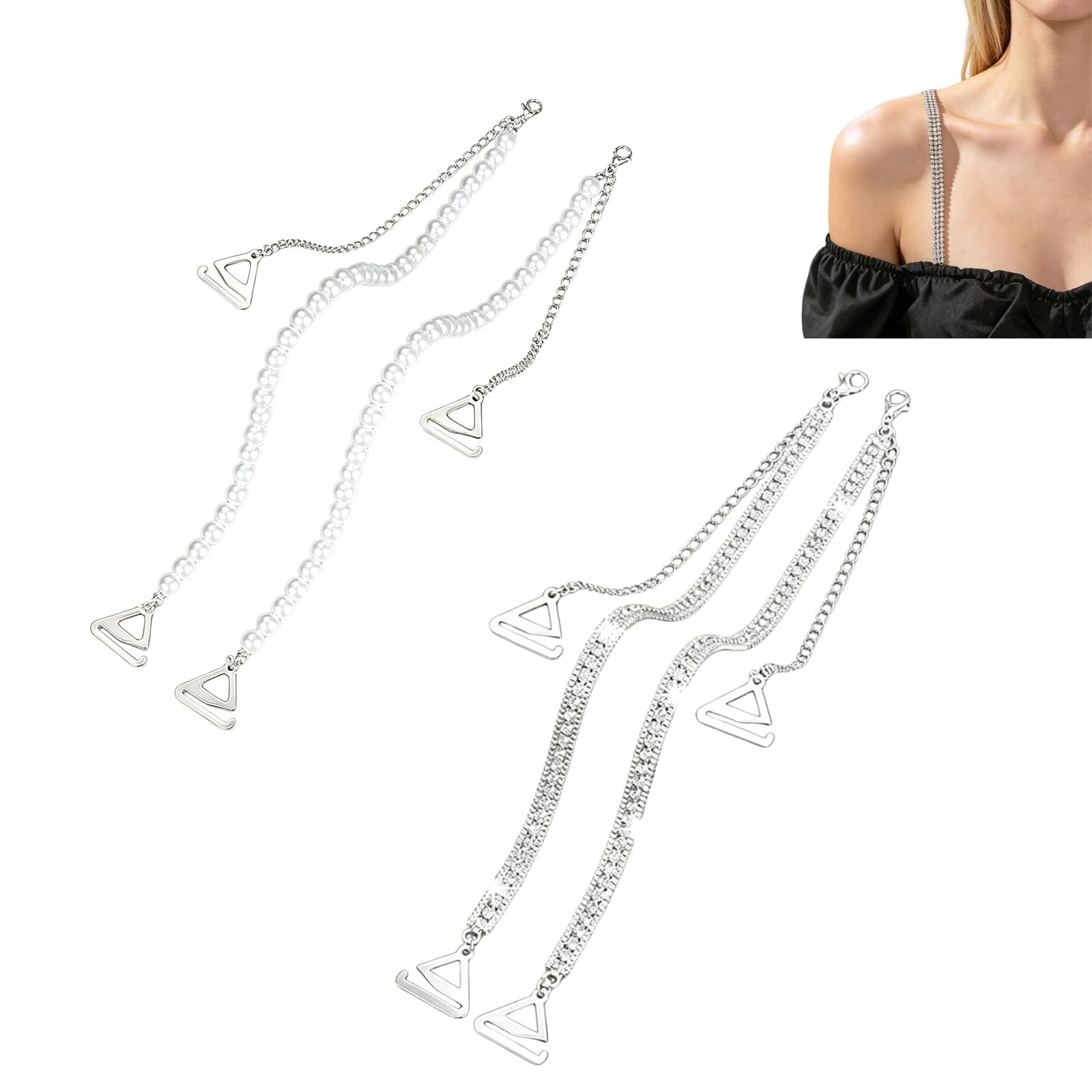 nvgod 4PCS Bra Straps for Women Fancy, Beaded Bra Straps Pearl with Triangle Charms, Blouse Accessories for Women Adjustable Non-Slip for Wedding & Party Outfit Dress White and Black-picture-43