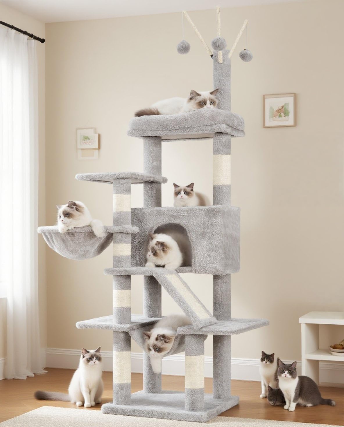 Gitelsnour Cat Tree, Multi-Level Cat Tower for Indoor Cats, Cat Condo with Cat Scratching Post and Board, Cat Hammock, Light Gray GCT011W