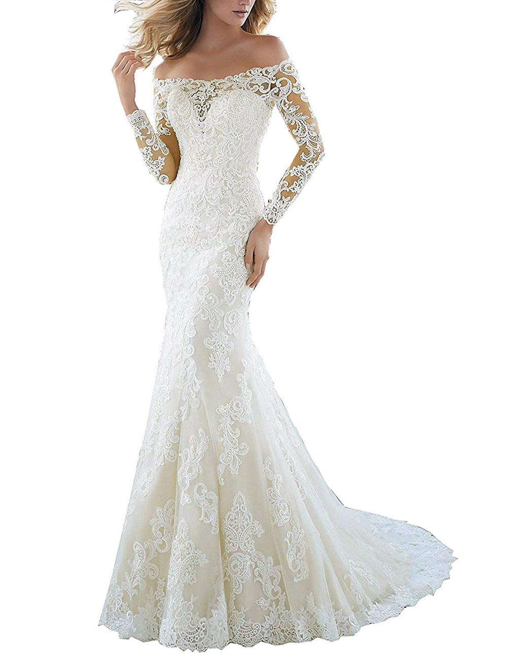 Abiti da Sera off Shoulder Manica Lunga Bridal Fashion Fishtail off Shoulder, Avorio, 40
