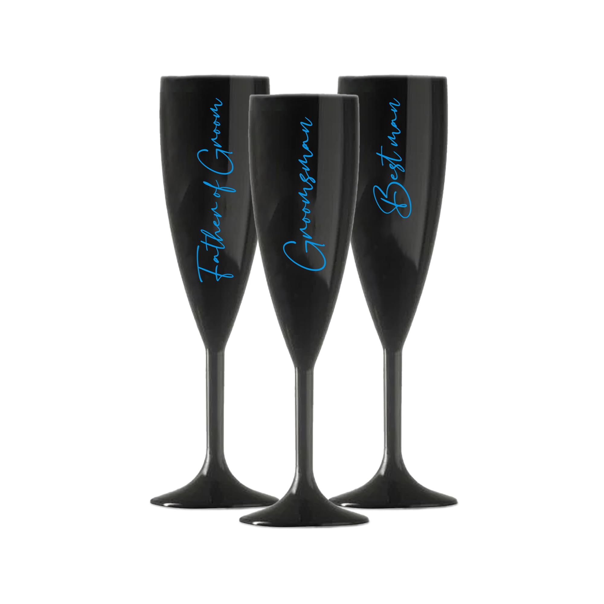 Print Maniacs Champagne Premium Black Flute Glass Bride Groom Mr Mrs Wedding Maid Honour Wine Cocktail Prosecco Celebrations Gift (Blue, Set of 3 Grooms Side)