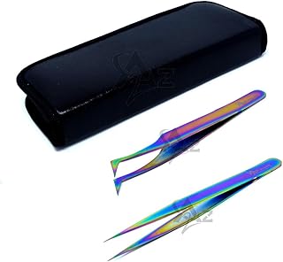 SET OF 2 Stainless Steel Multi Titanium Rainbow Color 3D Eyelash Extension Tweezers Semi Angled + Straight Fine Point (A2Z)