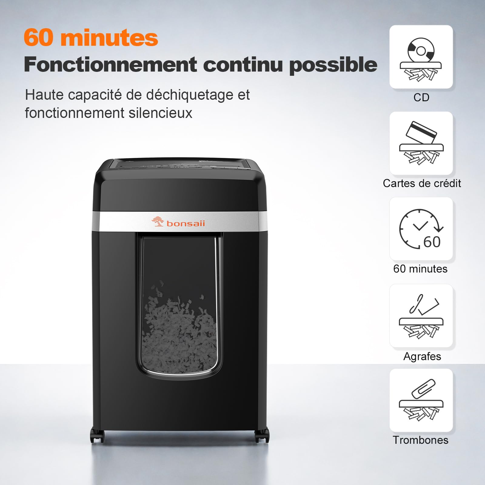 Bonsaii Destructeur de Documents Micro-Coupe P-4, Alimentation Automatique 300 Feuilles, 60 Min Continu, Bac 31L, C291-A