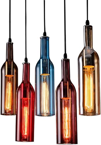 Miniatura 3 de Candelabro de botella de vidrio, lámpara de botella de vino de colores, 5 luces, creativa, retro, industrial, lámpara de techo colgante de vidrio