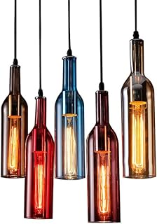 DYRABREST Color Glass Beer Bottle Chandelier 5 Heads Glass and Metal Suspension Device Ceiling Glass Ceiling Light Fixture Chandelier (Rectangular)