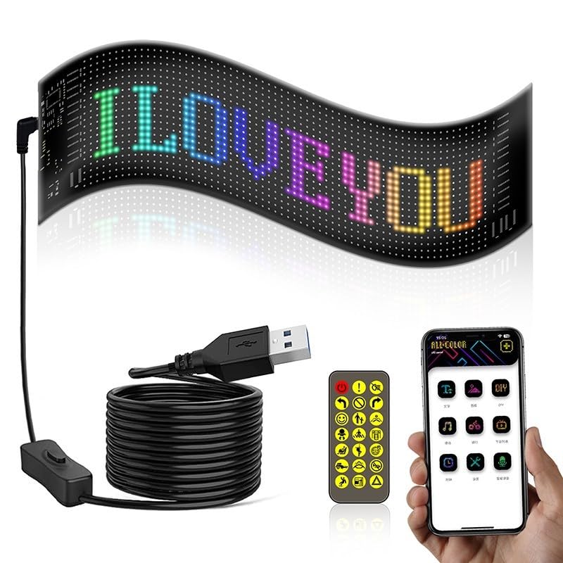 Panneau LED à défilement, panneau couleur RVB flexible, affichage LED programmable, motif de texte personnalisé, pour voiture, bar, fête, festival (20 x 64 (102 x 348 mm)