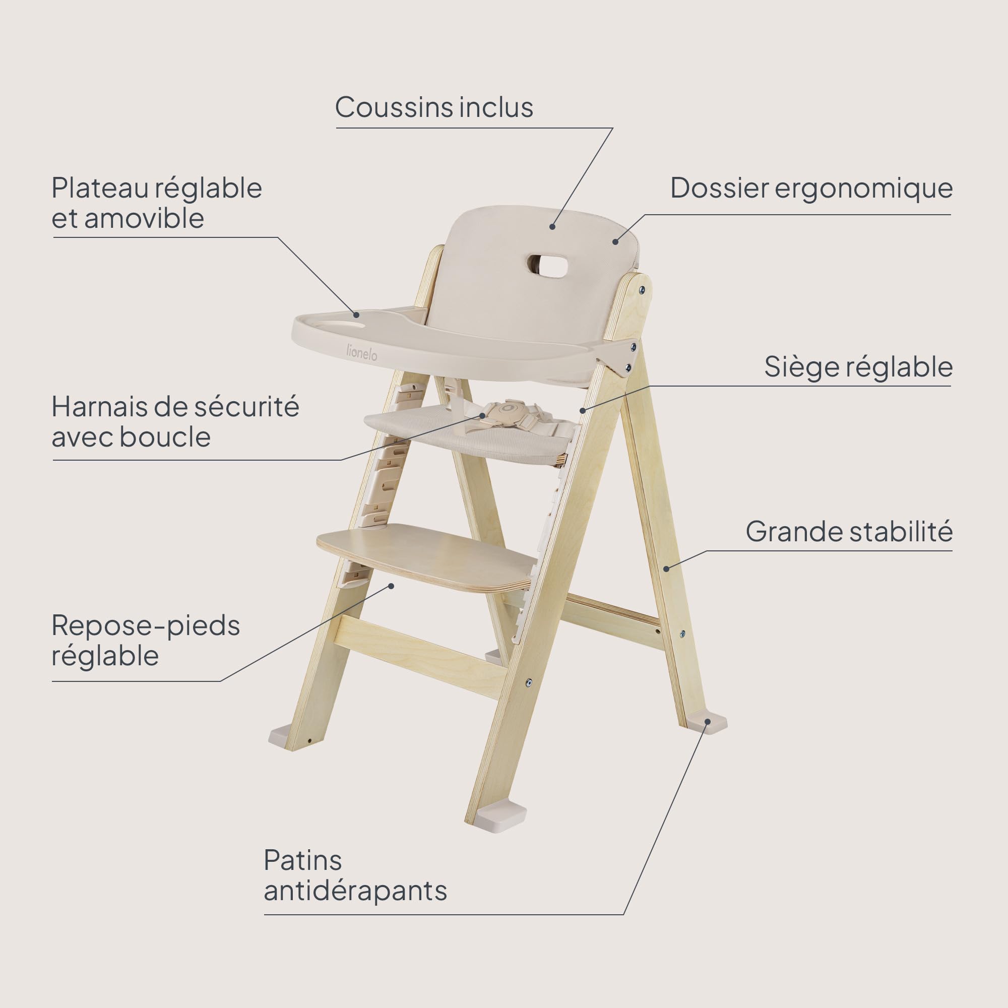 Lionelo Floris Chaise Haute Bébé Évolutive, 6 Mois-12 Ans, Beige | Chaise Haute jusqu’à 15 kg, Chaise Enfant jusqu’à 40 kg, Siège et Repose-Pieds Réglables, Plateau Amovible, Harnais 5 Points