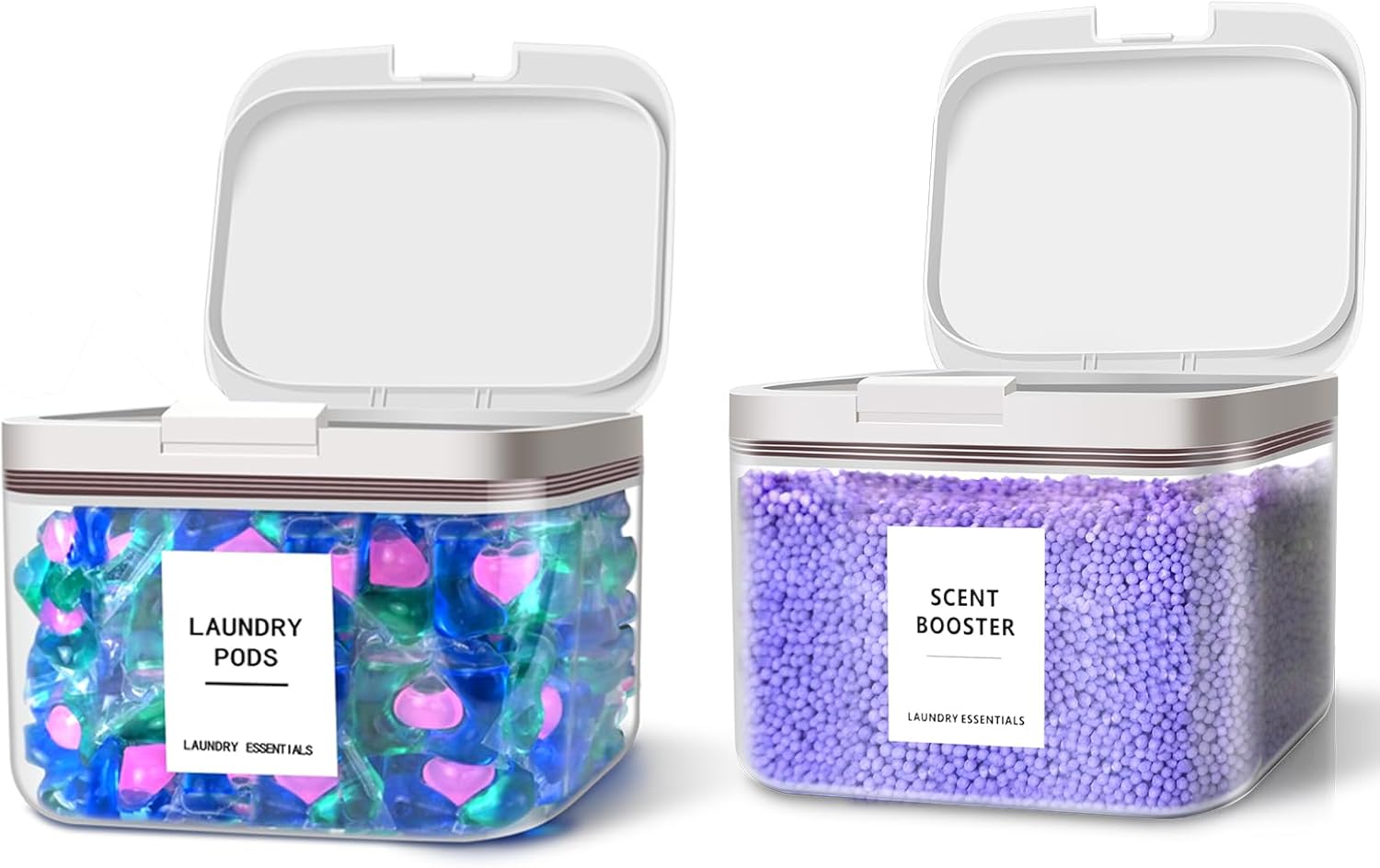 94oz /2.8L Laundry Pods Container for Laundry Room Organization, 2 Pack Laundry Pod Up Holder with 30 Labels and Scoop, Laundry Detergent Powder Container, Dryer Sheet Holder