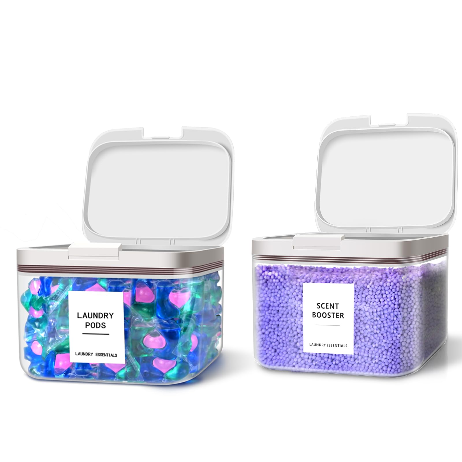94oz /2.8L Laundry Pods Container for Laundry Room Organization, 2 Pack Laundry Pod Up Holder with 30 Labels and Scoop, Laundry Detergent Powder Container, Dryer Sheet Holder
