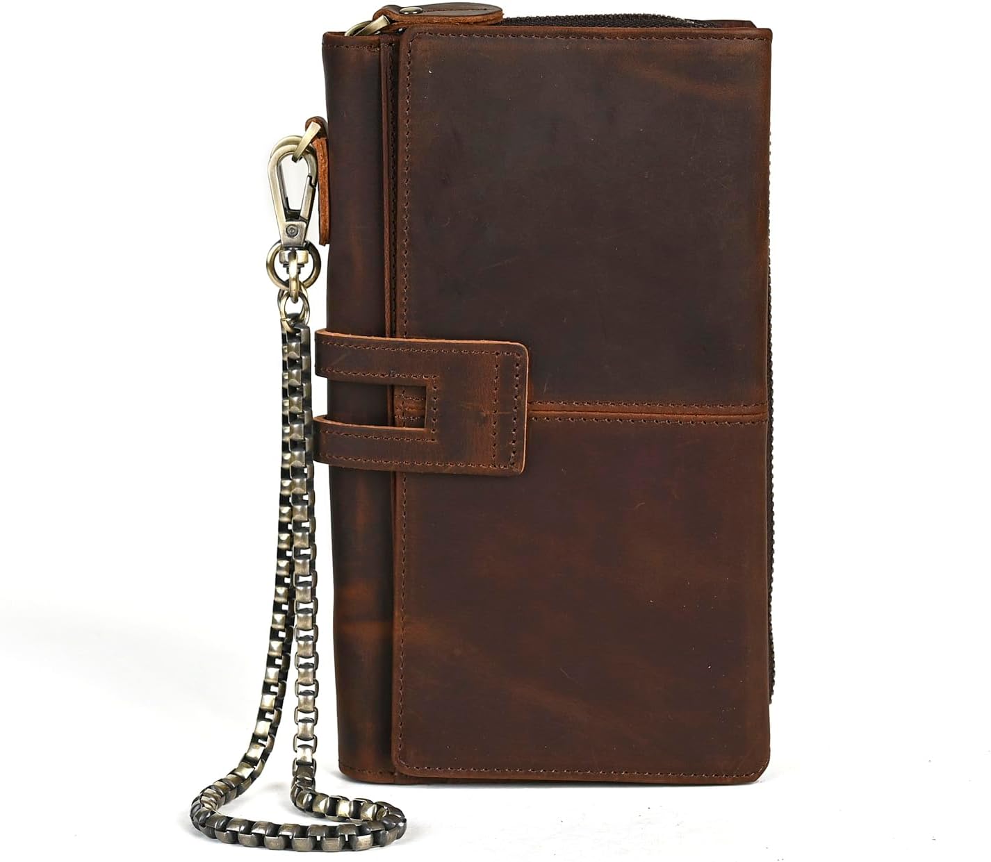 Genuine Crazy Horse Leather Travel Gift Coin Pocket Card Case Long Organizer Chain Rfid Wallet Purse With Snap For Men Male 1803 1815 (W-1819-Brown) - Image 2