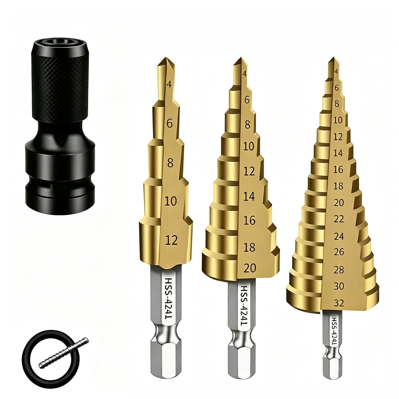 Set di punte per trapano a gradini HSS 4241 da 3 pezzi, taglierina a cono