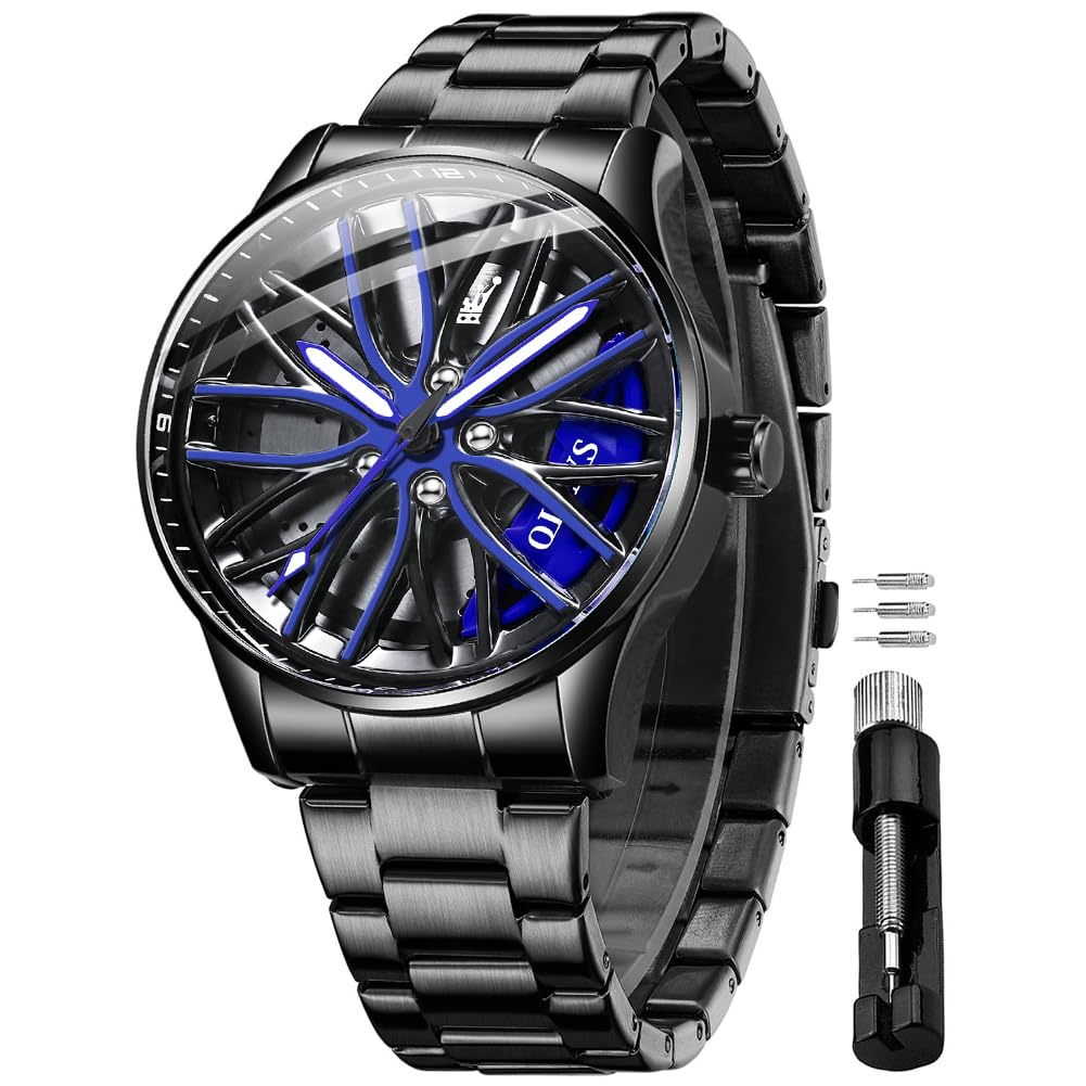 OLEVS Watches for Men Skeleton Quartz Racing Car Wheel Stainless Steel Casual Sports Waterproof Luminous Mens Watches