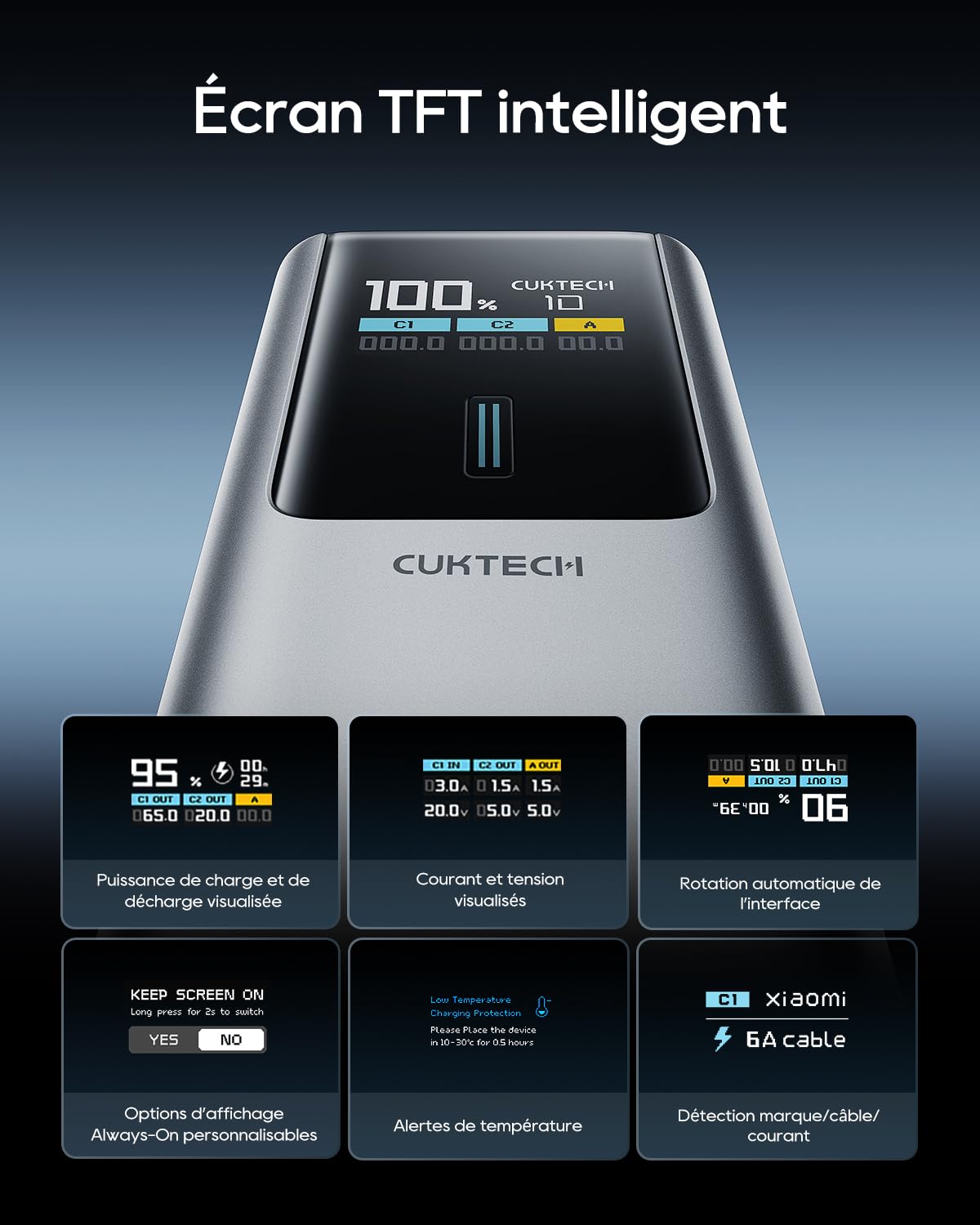 CUKTECH 10 Plus 100W 15000mAh Batterie Externe avec ÉcranTFT, Certifiée CCC