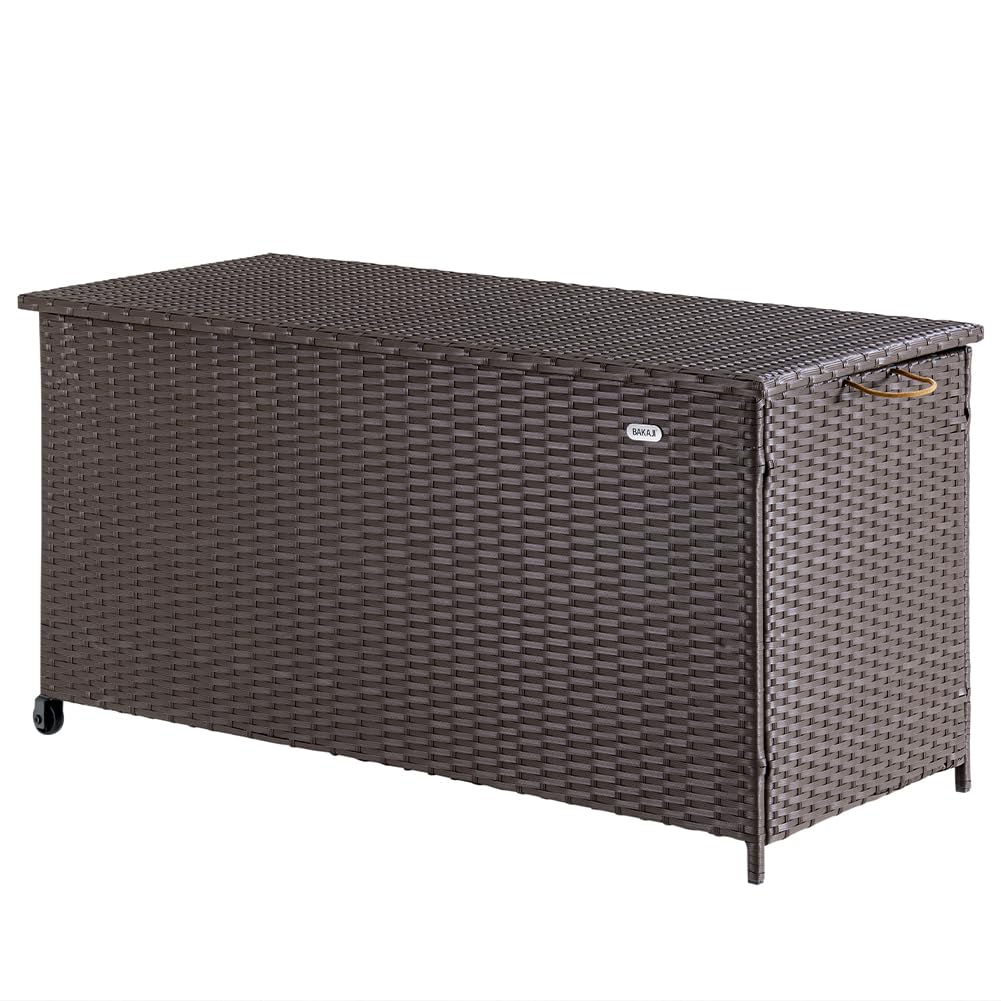 BAKAJI Coffre de rangement de jardin en polyrotin 420 litres, boîte d'extérieur imperméable résistante aux rayons UV, coffre XXL avec roues pour transport et poignée, 121 x 55 x 60 cm (marron)