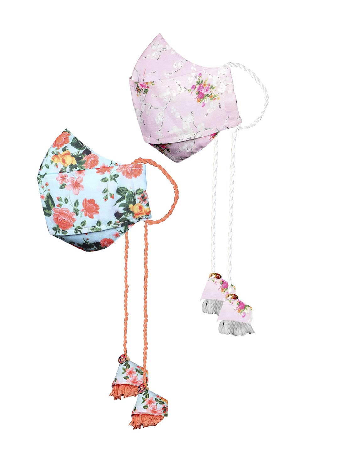VASTRAMAY Floral Printed Reusable Anti-Pollution, Cotton Dori Ear Loop and Choti plus Tassels Style Welness Mask in Green and Pink with a Natural Fibre Potli Bag - Pack of 2