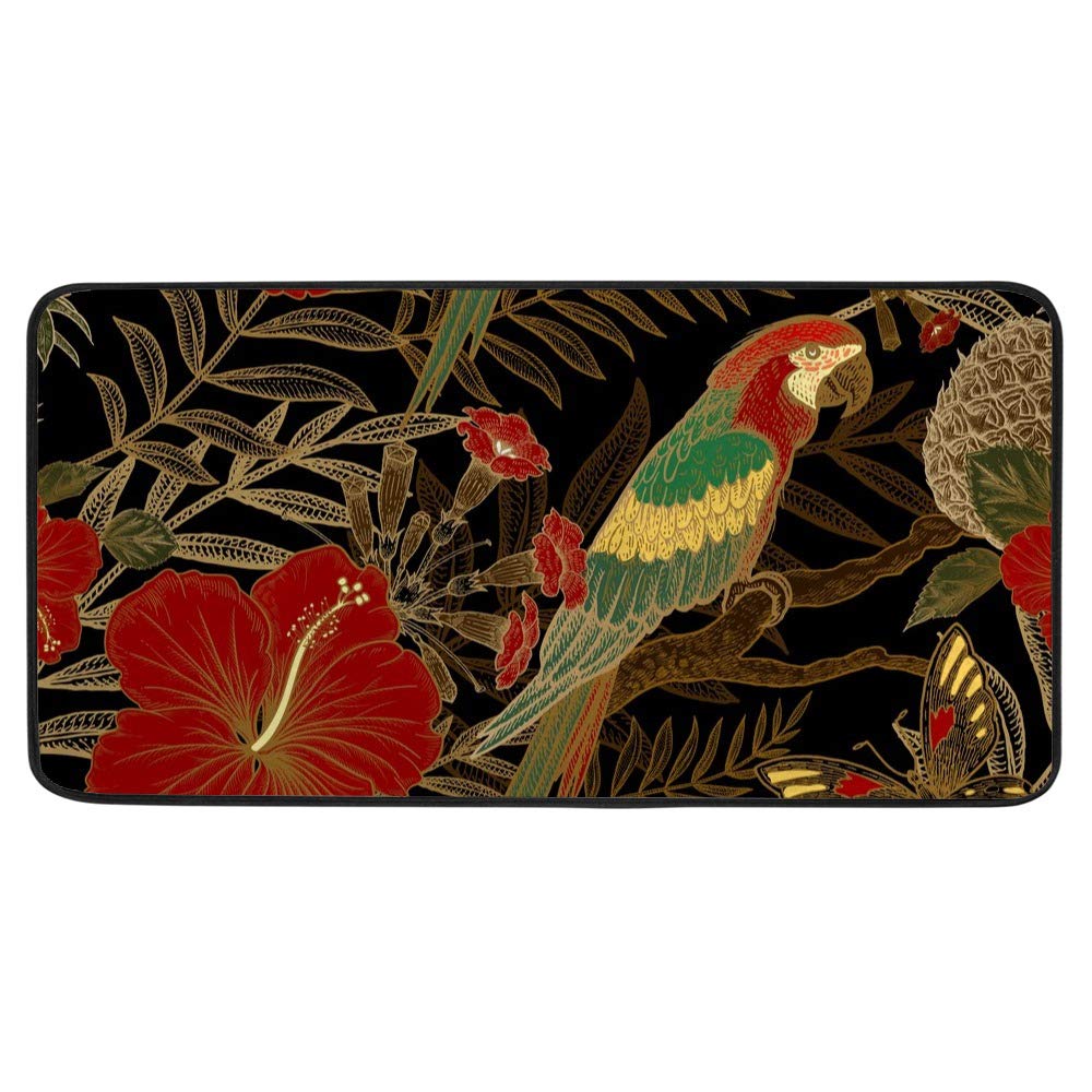 Alfombra de cocina Ruchen para plantas exóticas, loros, flores, rojas, negro, alfombra de baño, pasillo, 99 x 51 cm
