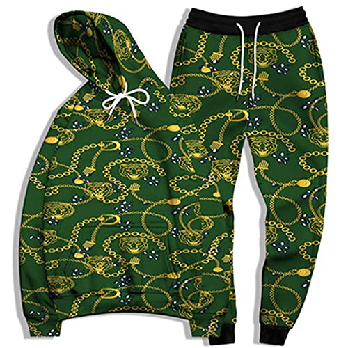 Chándal para Hombre, Conjunto de 2 Piezas con Estampado de Cadena Dorada Retro, Sudadera con Capucha y Pantalones Deportivos, Sudaderas Casuales Cover