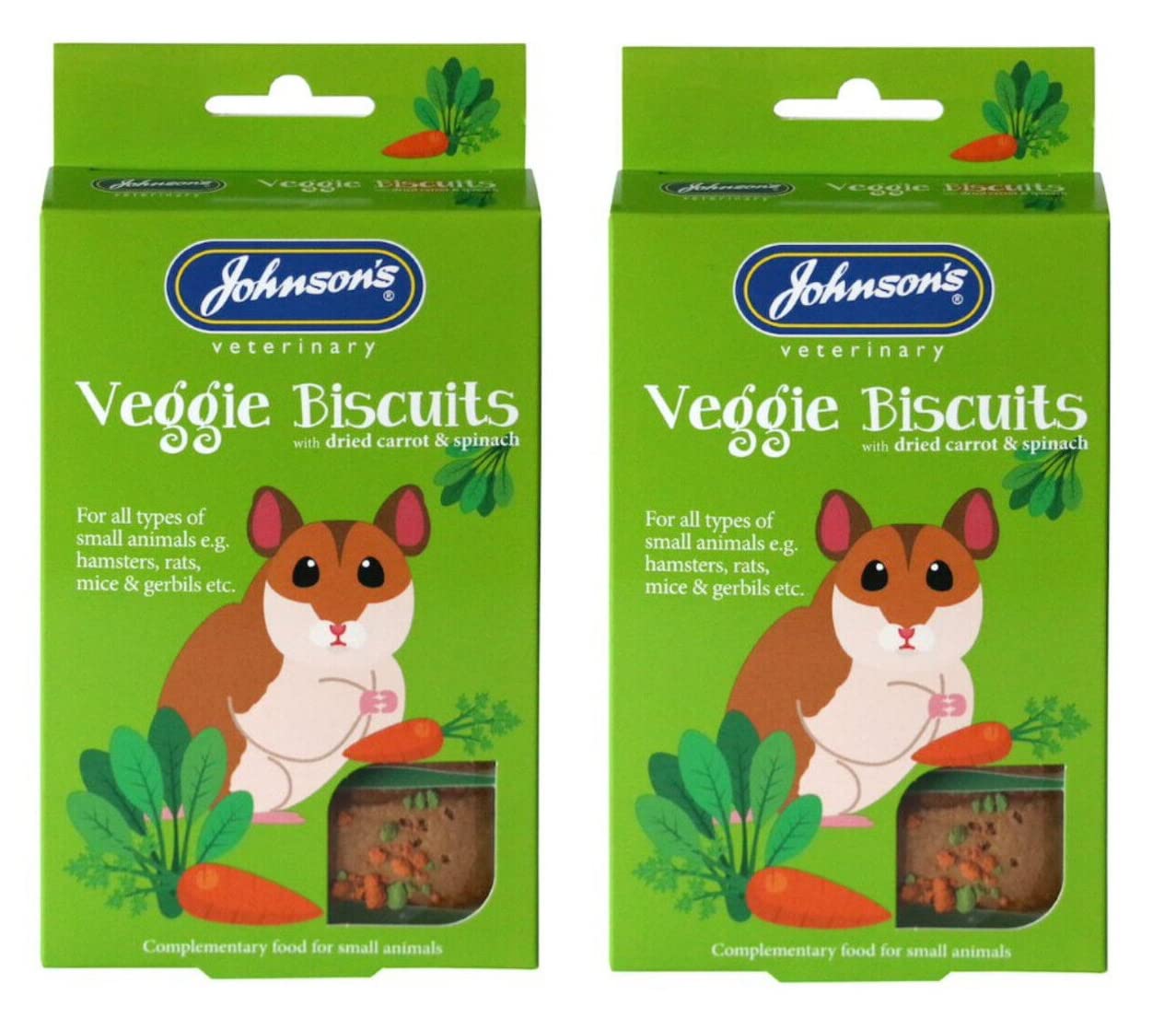 2 PACK JOHNSONS VETERINARY VEGGIE BISCUITS SMALL ANIMAL HAMSTER TREAT BARS CARROT & SPINACH