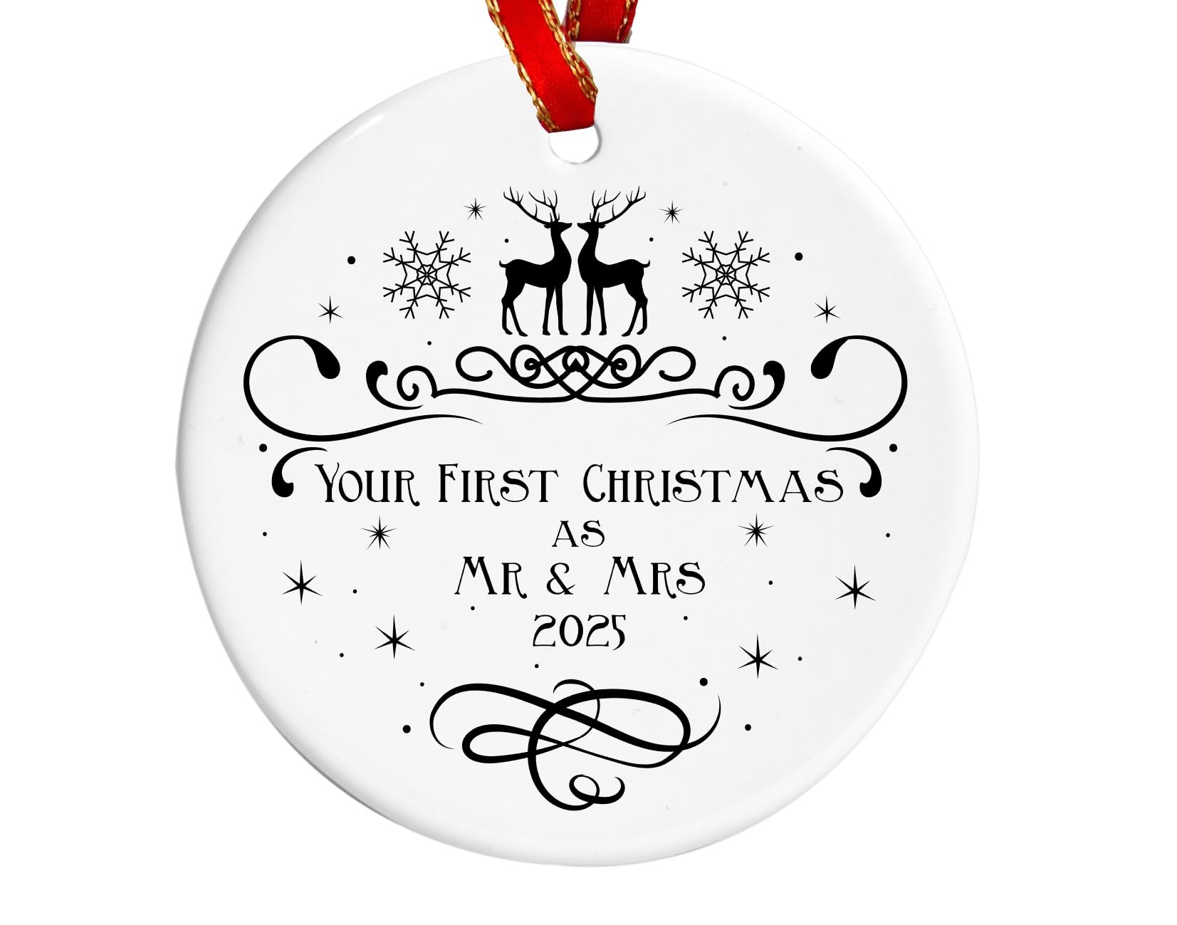 Ceramic Your First Christmas as Mr and Mrs Bauble | 1st Year Married Tree Decoration | Choice of Ribbons (Red and Gold Ribbon)