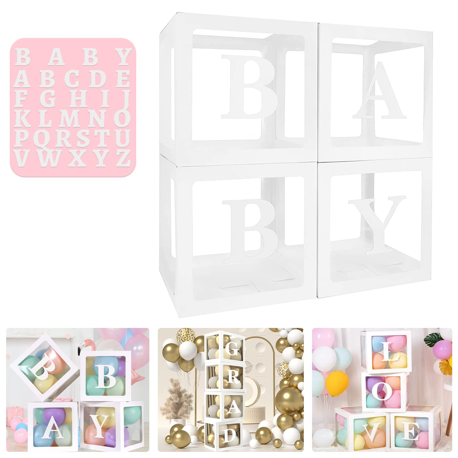 ROYUYE Baby Balloon Boxes For Baby Shower Decorations Balloon Boxes with Letters (A-Z+BABY) Balloon Box Backdrop for Baby Shower Decor, Birthday Party, Gender Reveal (4PCS)