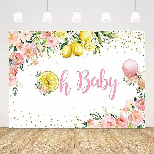 Miniatura 2 de SENDY Telón de fondo de baby shower de limón de 7 x 5 pies, suministros de decoración de fiesta de bebé para niña, globo rosa, floral, dorado,